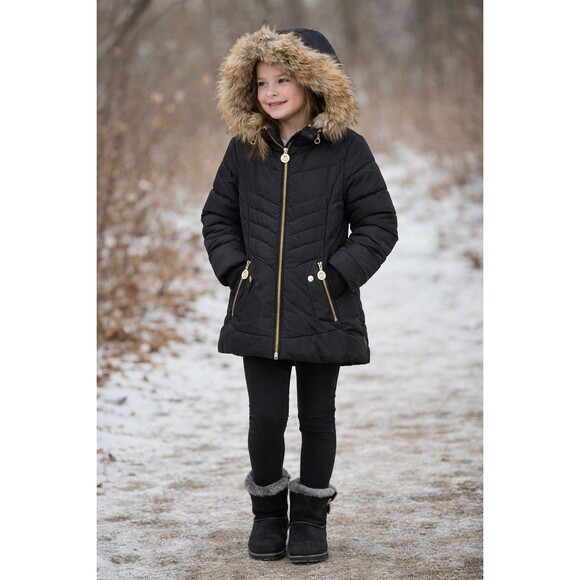 DKNY Girls Black Puffer Coat Faux Fur Hood Zip Jacket Size 7/8 S/P Warm - Picture 2 of 15